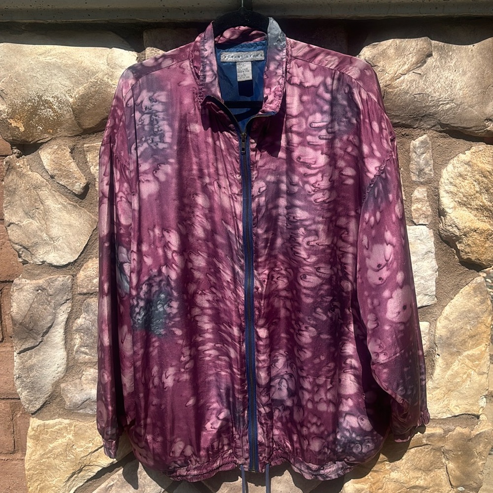 Robert Stock Purple Tie Dye Watercolor Silk Jacket Full Zip Lightweight Large